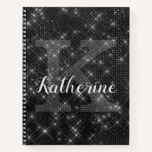 Carnet Fille Diamant Noir Étincelle Chic Monogramme Nom