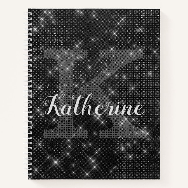 Carnet Fille Diamant Noir Étincelle Chic Monogramme Nom (Devant)