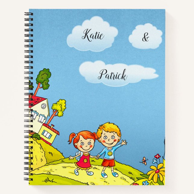 Carnet Fille et garçon mignons dessin animé personnalisé (Devant)