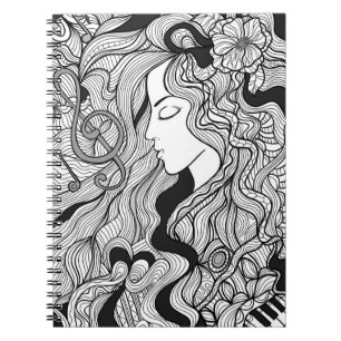 Carnet Fille et musique. Illustration vintage. Sortie noi