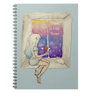 Carnet Fille & Lapin dans la fenêtre étoiles cœur rêve