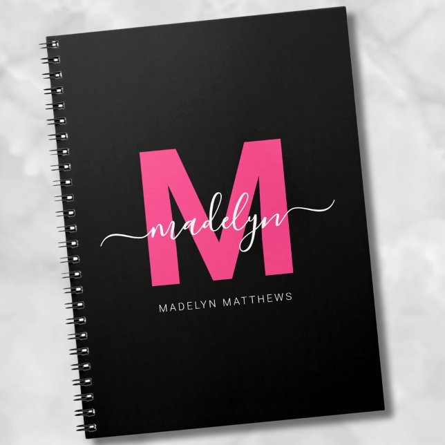 Carnet Fille Noir Rose Chaud Monogramme Initial Nom (Girly Black Hot Pink Initial Monogram Name notebook)