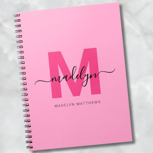 Carnet Fille rose Personnalisée Nom du monogramme initial (Girly Pink Personalized Initial Monogram Name notebook)
