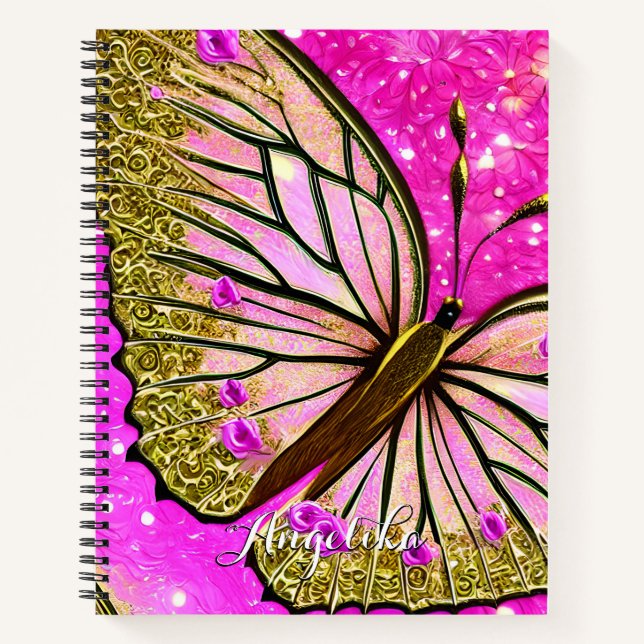 Carnet Fille tendance rose et papillon or Nom personnalis (Devant)