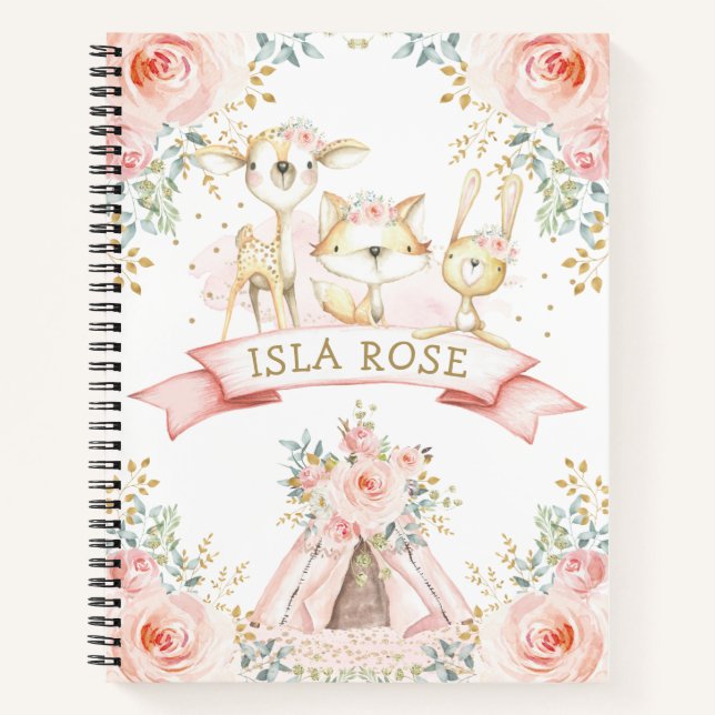 Carnet Fille Tribal Bois Animaux Blush Or Floral (Devant)