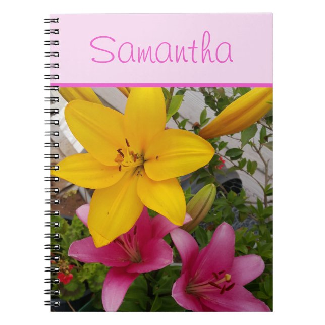 Carnet Filles de fleurs rose et jaune Lillies Nom (Devant)