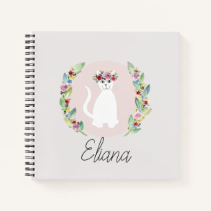Carnet Filles mignonne Chat blanc avec fleurs et nom