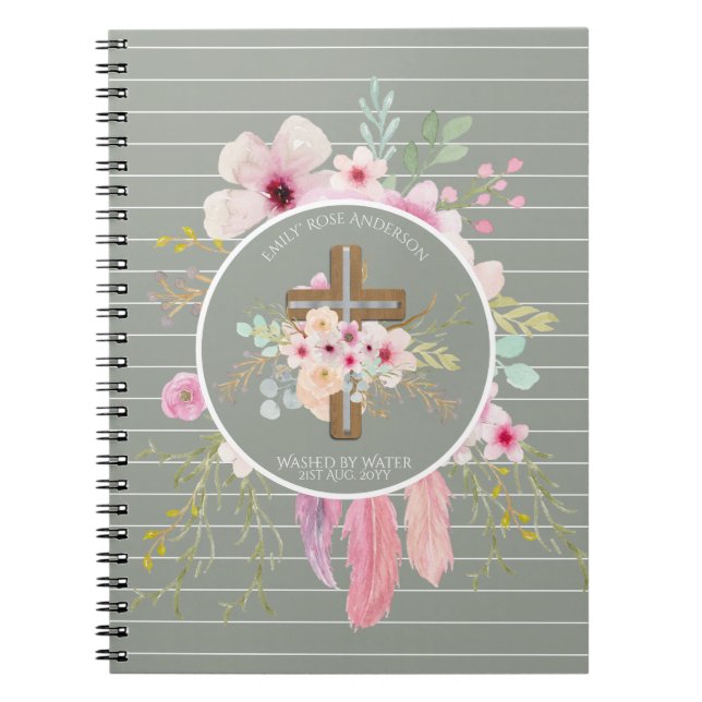 Carnet Filles personnalisées BAPTISM - Sage Croix Florale (Devant)