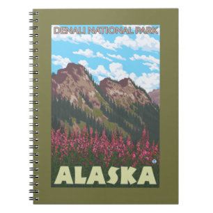 Carnet Fireweed et montagnes - parc national de Denali,