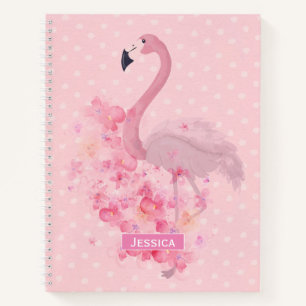 Carnet Flamant rose d'aquarelle rose Floral et points nom