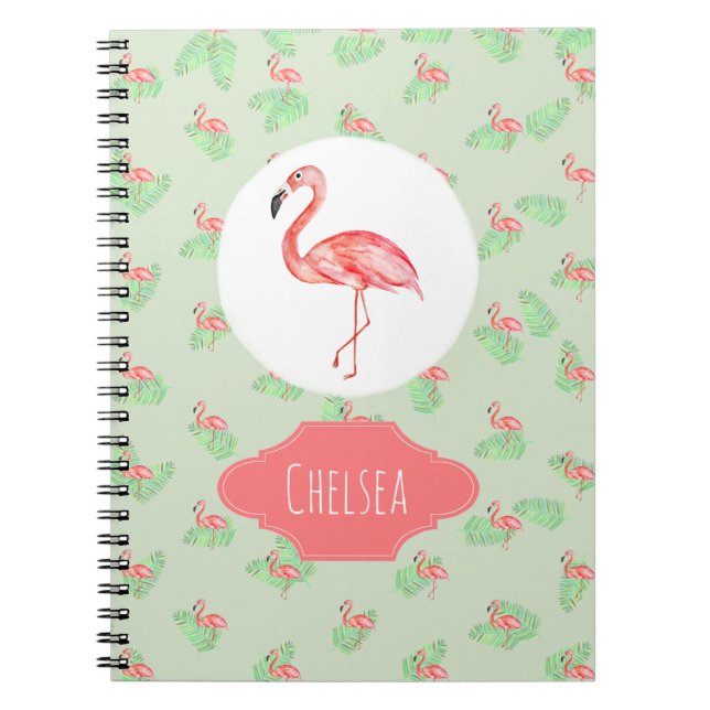 Carnet Flamant rose d'aquarelle tropicale de la fille Nom (Devant)