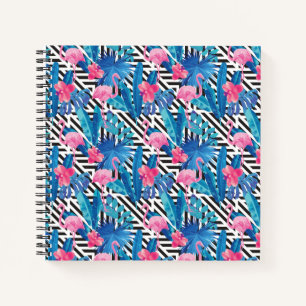 Carnet Flamant rose et palmes sur Motif géométrique
