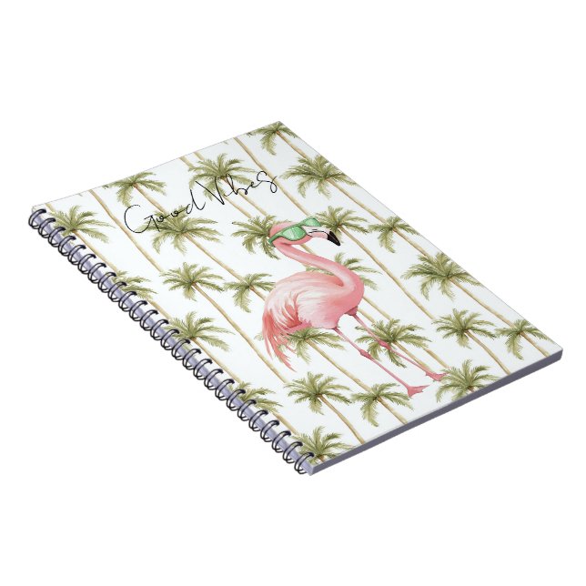 Carnet Flamant rose rose avec lunettes de soleil Palmiers (Côté Droit)