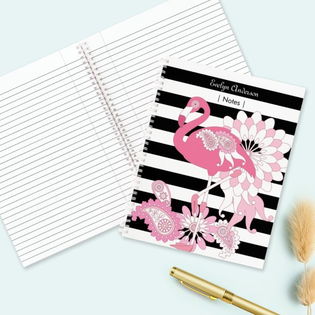 Carnet Flamant rose rose rayé noir et blanc (Créateur téléchargé)