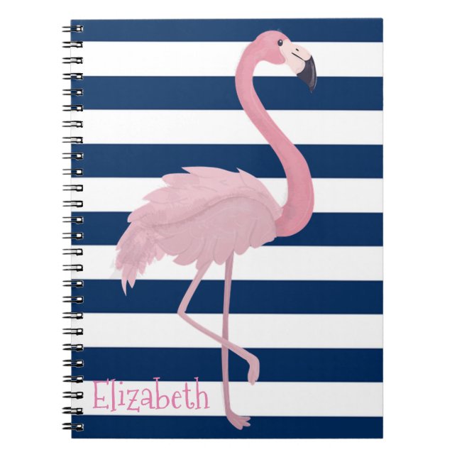 Carnet Flamant rose rose, rayures bleu marine personnalis (Devant)