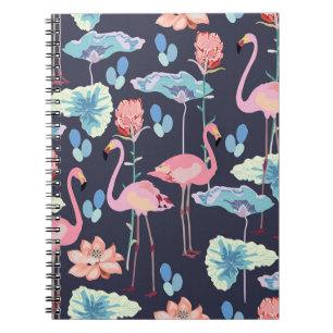 Carnet Flamants roses entourés de fleurs de lotus et pro