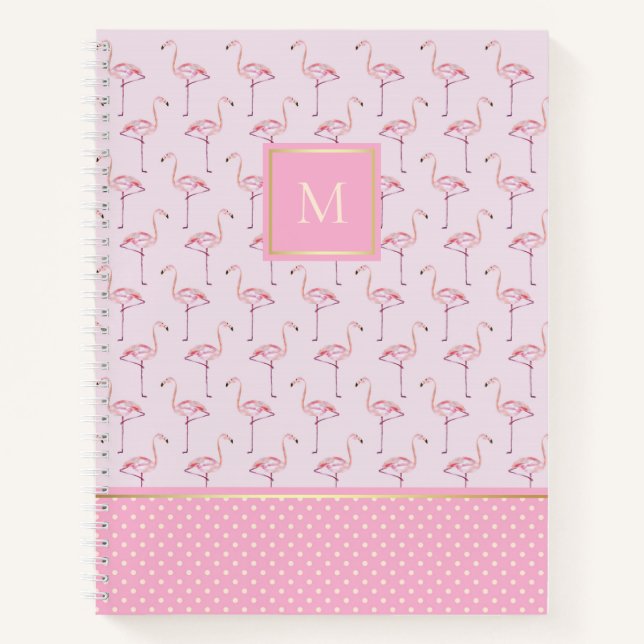 Carnet Flamants roses et points rose tendance avec Monogr (Devant)