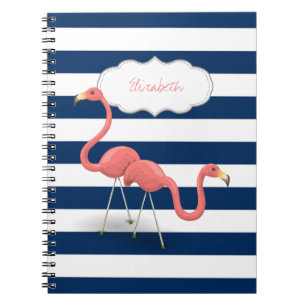 Carnet Flamants roses, rayures bleu marine modernes