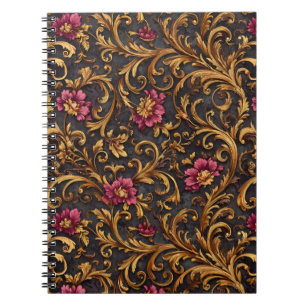 Carnet Fleur Baroque Sombre aux Rouleaux Dorés