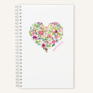 Carnet Fleur Coeur Aquarelle rose Nom Joli Doux