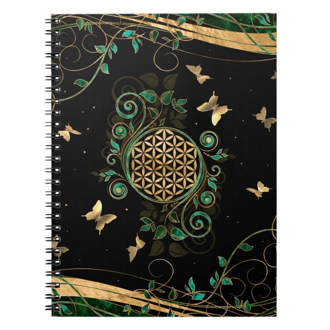 Carnet Fleur de vie - Malachite et papillons (Devant)