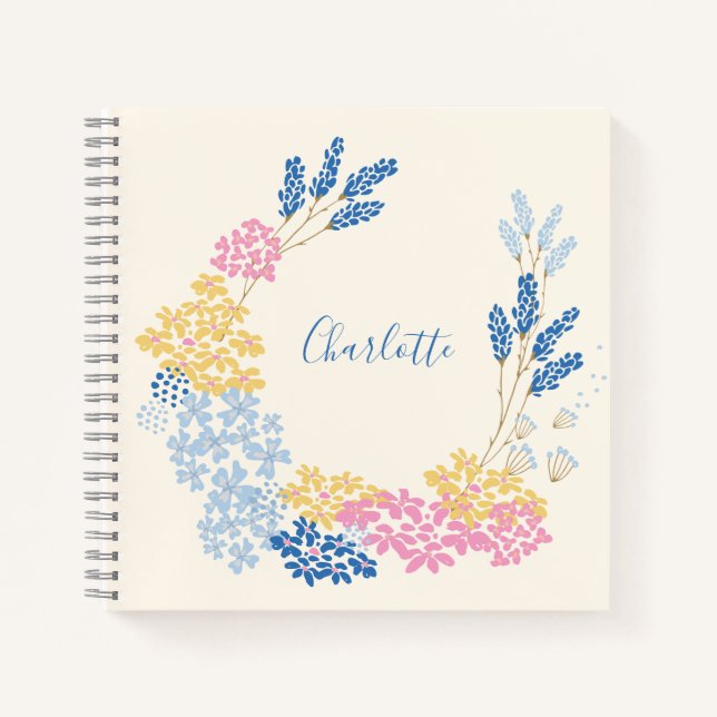 Carnet Fleur d'été bleu jaune couronne personnalisée (Devant)