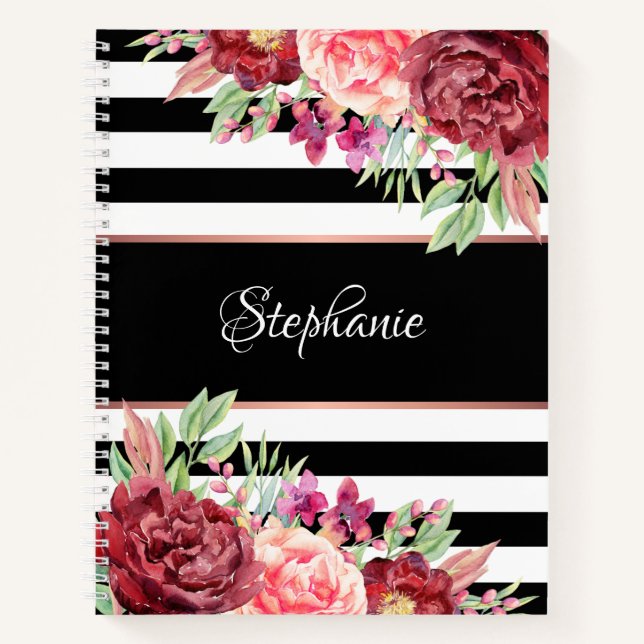 Carnet Fleur moderne noir et blanc bande personnalisée (Devant)