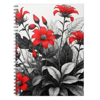 Carnet Fleur rouge sur Plante noir blanc