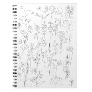 Carnet fleur sauvage trait dessin noir et blanc