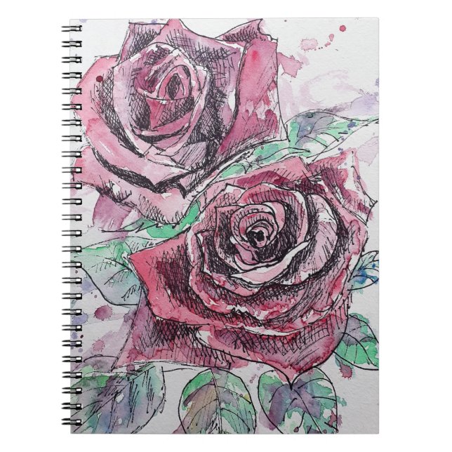 Carnet Fleurs aquarelles de rose rouge peinture florale (Devant)