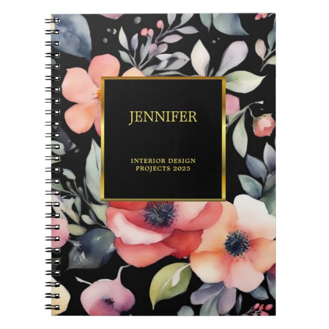 Carnet Fleurs aquarelles élégantes noir or professionnel (Devant)
