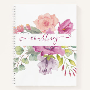 Carnet Fleurs aquarelles rose et pêche personnalisées