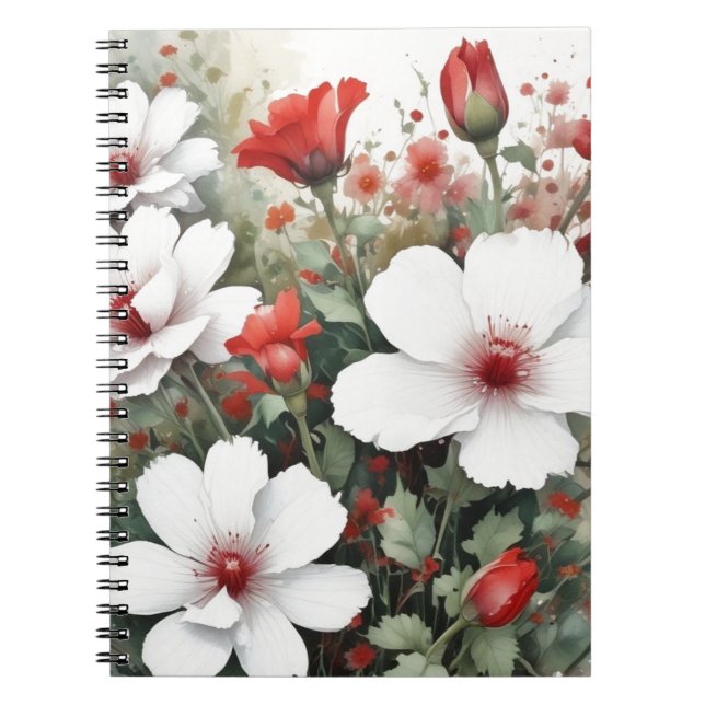 Carnet Fleurs blanches et rouges Elégante aquarelle (Devant)