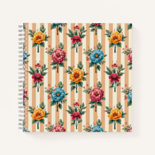Carnet Fleurs Bleu Or Rose sur Rayures Beige