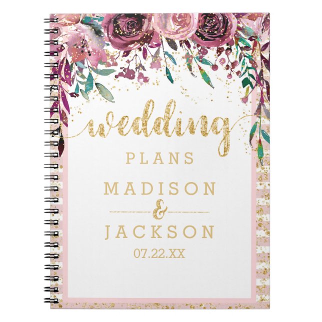 Carnet Fleurs bleues Stripes & Wedding planner or (Devant)