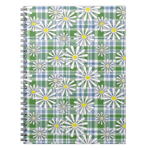Carnet Fleurs chamomiles blanches sur à damiers bleu vert