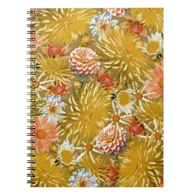 Carnet Fleurs dahlia dorées, design vintage fleuri. (Devant)