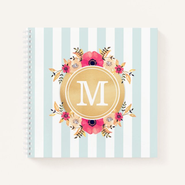 Carnet Fleurs d'aquarelle à la menthe Faux or Monogramme (Devant)