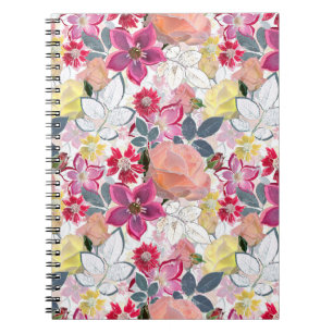 Carnet Fleurs d'aquarelle rose et rouge.