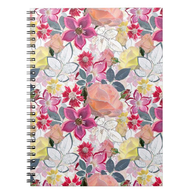 Carnet Fleurs d'aquarelle rose et rouge. (Devant)
