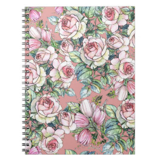 Carnet Fleurs de jardin rose avec tulipes peintes en wate