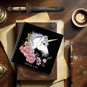 Carnet Fleurs de licorne blanche enchantée rose noir
