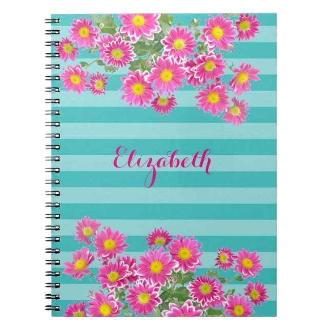 Carnet Fleurs de marguerite rose fraîche sur bandes Turqu (Devant)