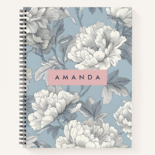 Carnet Fleurs de pivoine personnalisées élégantes bleues 