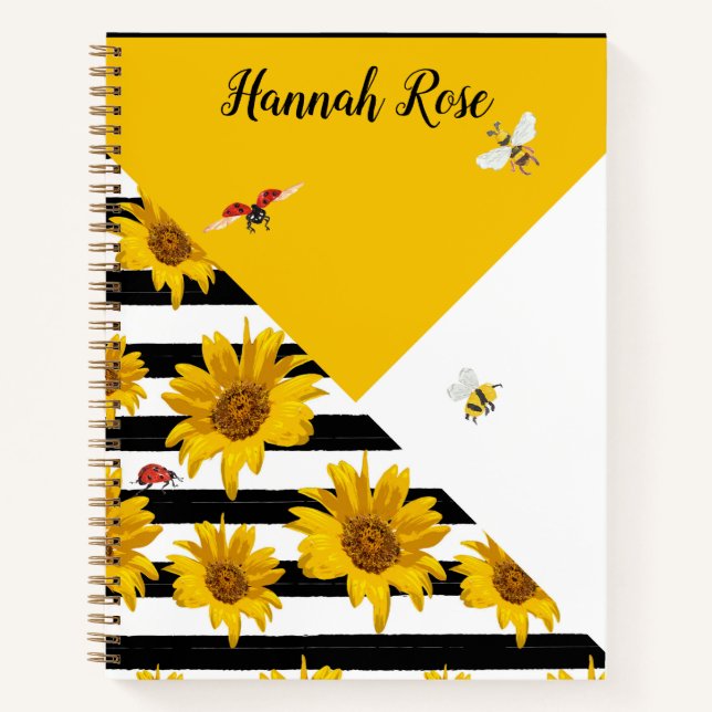 Carnet Fleurs de soleil blanches noires Bees Ladybugs (Devant)