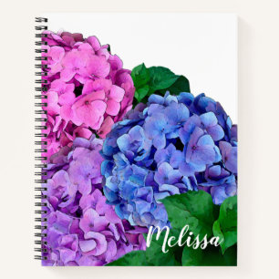Carnet Fleurs d'hydrangée bleu et rose personnalisées