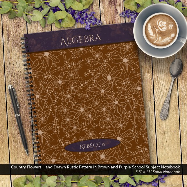 Carnet Fleurs du pays Brown Purple Nom du sujet de l'écol (Country Flowers Rustic Pattern in Brown and Purple School Notebook: Personalize Name & Class Subject)