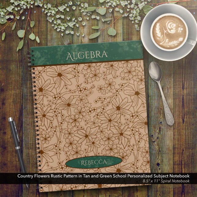 Carnet Fleurs du pays Tan Green School Nom du sujet (Country Flowers Tan & Green Spiral Notebook: Personalize Your Name & Customize the School Subject )
