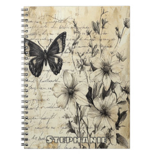 Carnet Fleurs et papillons rustiques - Papier vieilli (1)