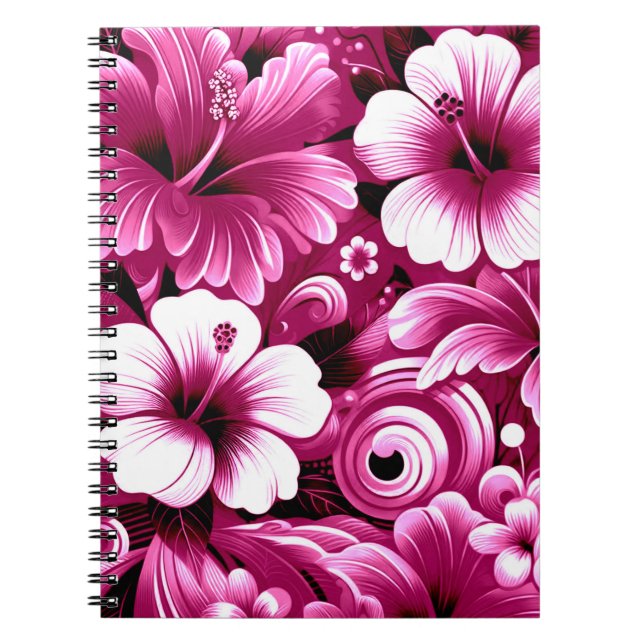 Carnet Fleurs hawaïennes tropicales Hibiscus rose blanc (Devant)